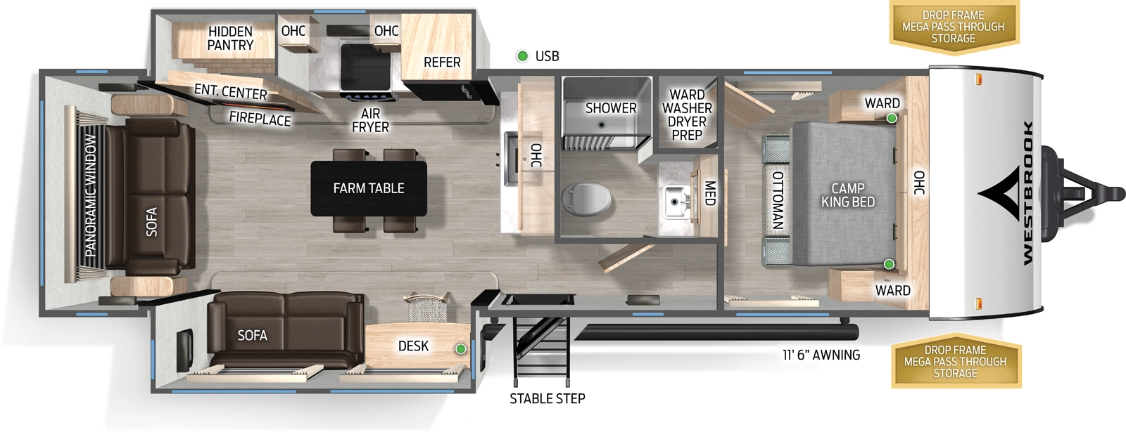 The Westbrook 27REXC floorplan has one entry and two slide outs. Exterior features include: fiberglass exterior and 11' 6" awning. Interiors features include: kitchen island, front bedroom and rear living.